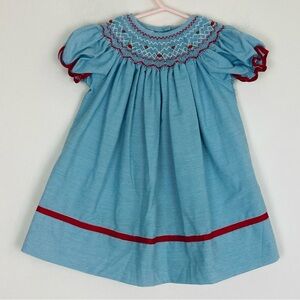 Lulu Bebe blue and white striped smocked dress with red embroidered floral. 12m